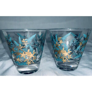 Lot Of 2 MCM Turquoise Ferns & Gold Leaves Lowball Glasses Blue Dbl Shot EUC